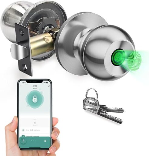 Smart Fingerprint Door Knob - Biometric Lock with App Bluetooth Control, Keyless Thumbprint Entry Door Lock for Home, Cloakroom, Hotels, Apartments, Offices, Perfect for Bedroom Security (Sliver)