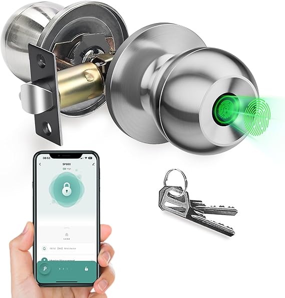 Smart Fingerprint Door Knob – Biometric Lock with App Bluetooth Control, Keyless Thumbprint Entry Door Lock for Home, Cloakroom, Hotels, Apartments, Offices, Perfect for Bedroom Security (Sliver)