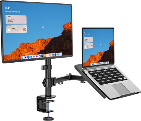 WALI Laptop and Monitor Stand Fully Adjustable Monitor Mount and Laptop Tray for 1 Laptop Notebook up to 17 inch and 1 Screen up to 27 inch, 22 lbs, Weight Capacity (M001LP), Black