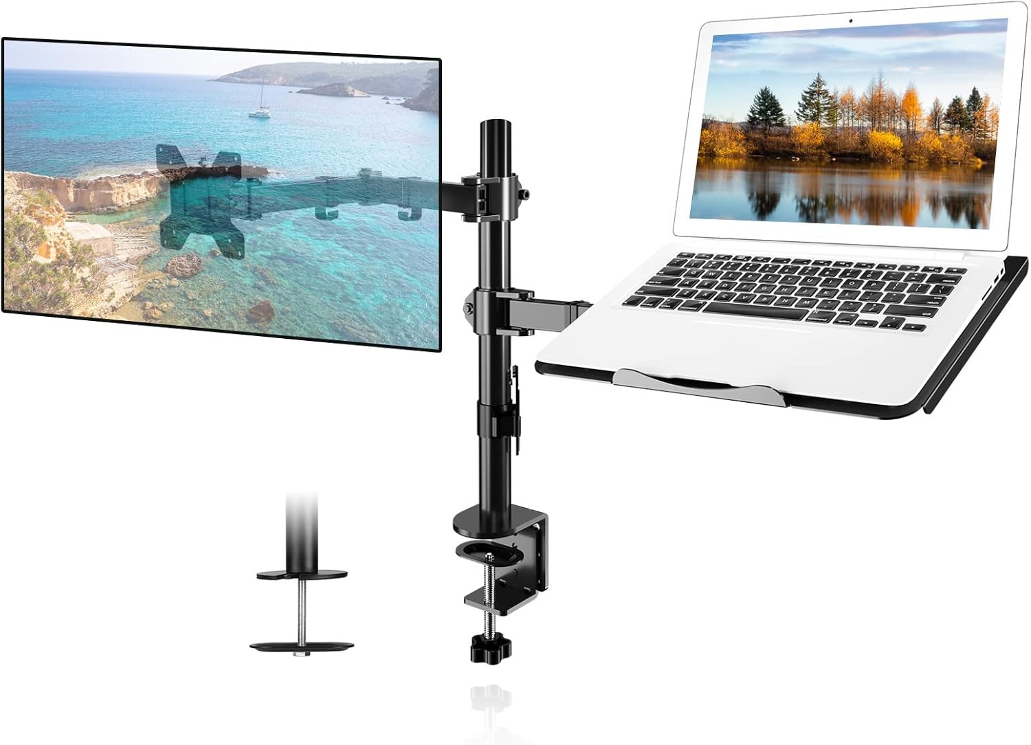 Suptek Monitor and Laptop Mount Holds 13-32 inch Computer Screen,Adjustable Monitor Arm Stand with Laptop Tray for 13-27 inch,Hold 22 lbs, with Clamp and Grommet Mounting Base